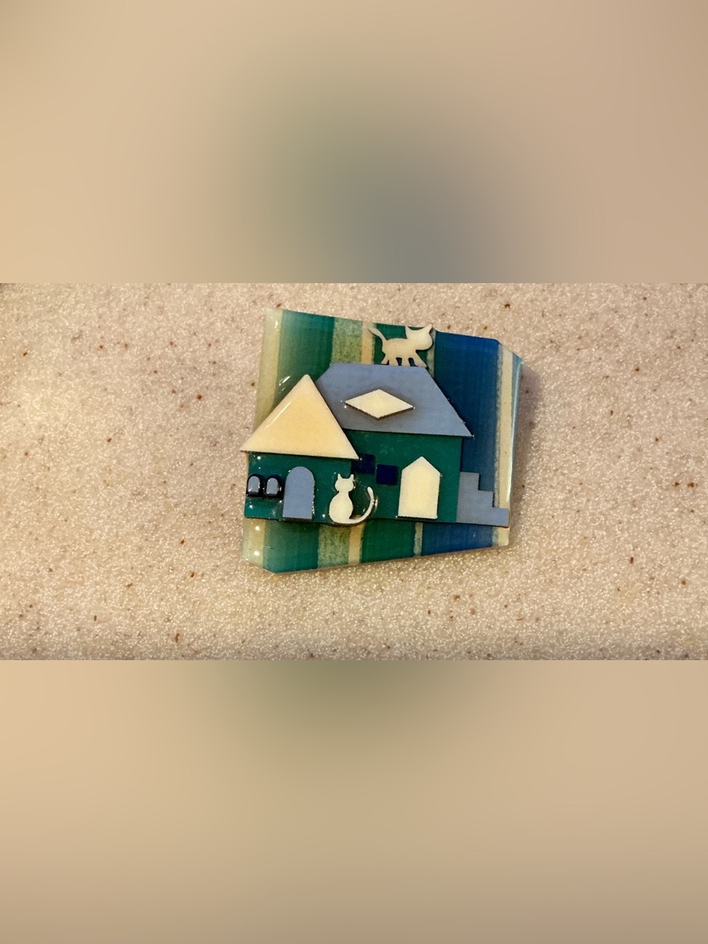 Handmade Green Blue Cat House Brooch